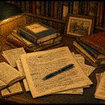 Atelier d'écrivain, livres et manuscrits à la lumière d'une lampe