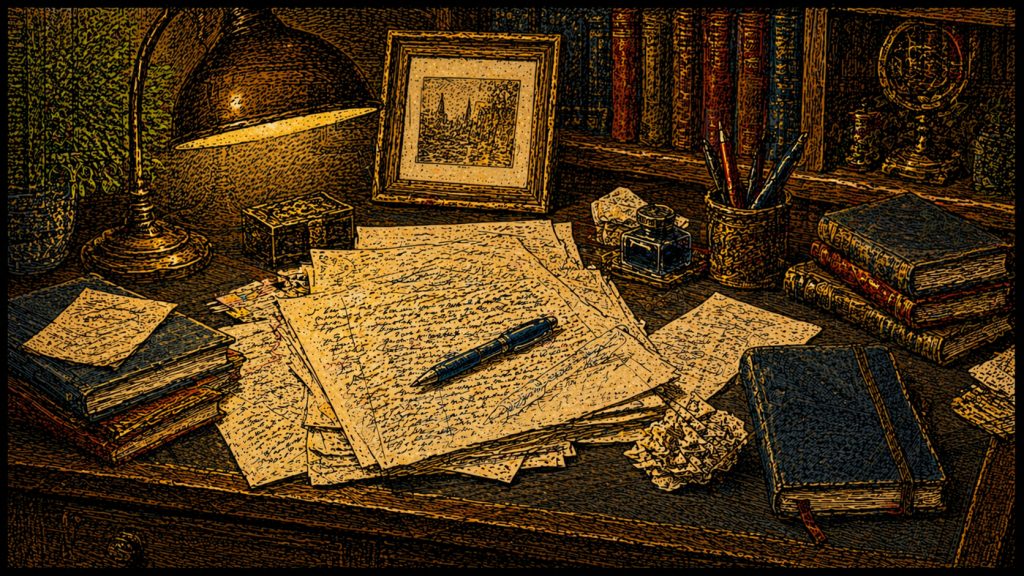 Feuillets manuscrits et encrier sur un bureau d'écrivain