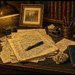 Feuillets manuscrits et encrier sur un bureau d'écrivain