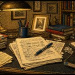 Bureau d'écrivain, feuillets manuscrits et lampe de bibliothèque